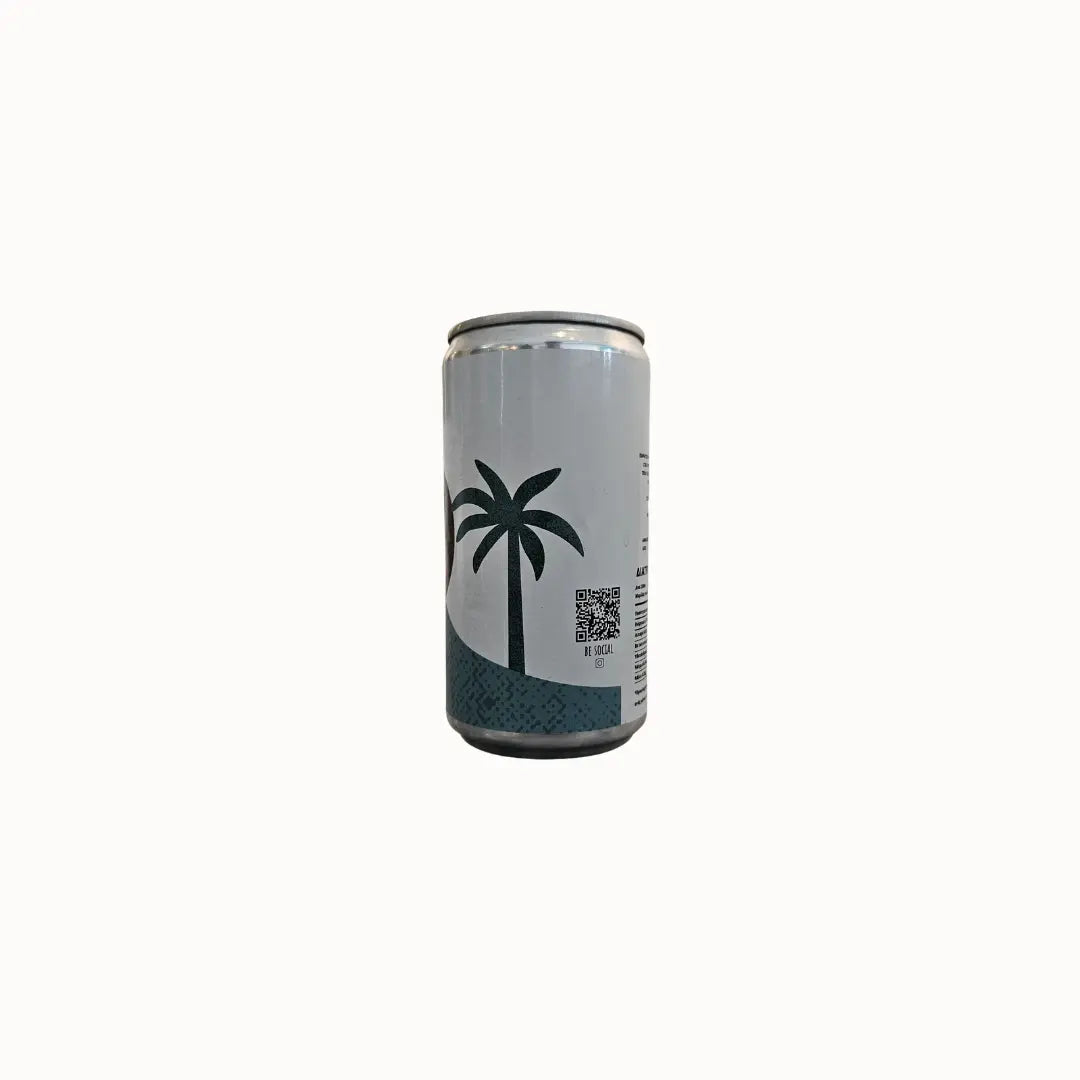 Canned drink with a palm tree design on a white background