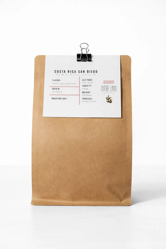 Kraft paper coffee bag with a white label on a white background
